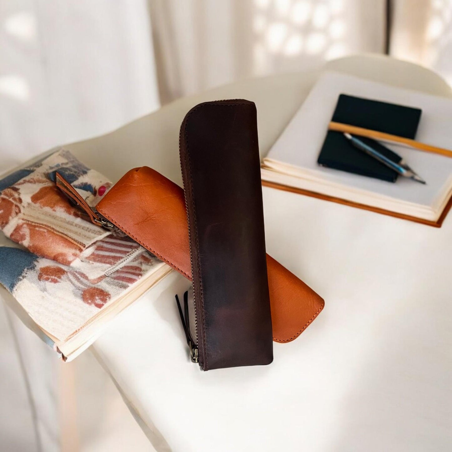 Full Grain Leather Pen Case: Handcrafted YKK Zipper, Elegant Colors