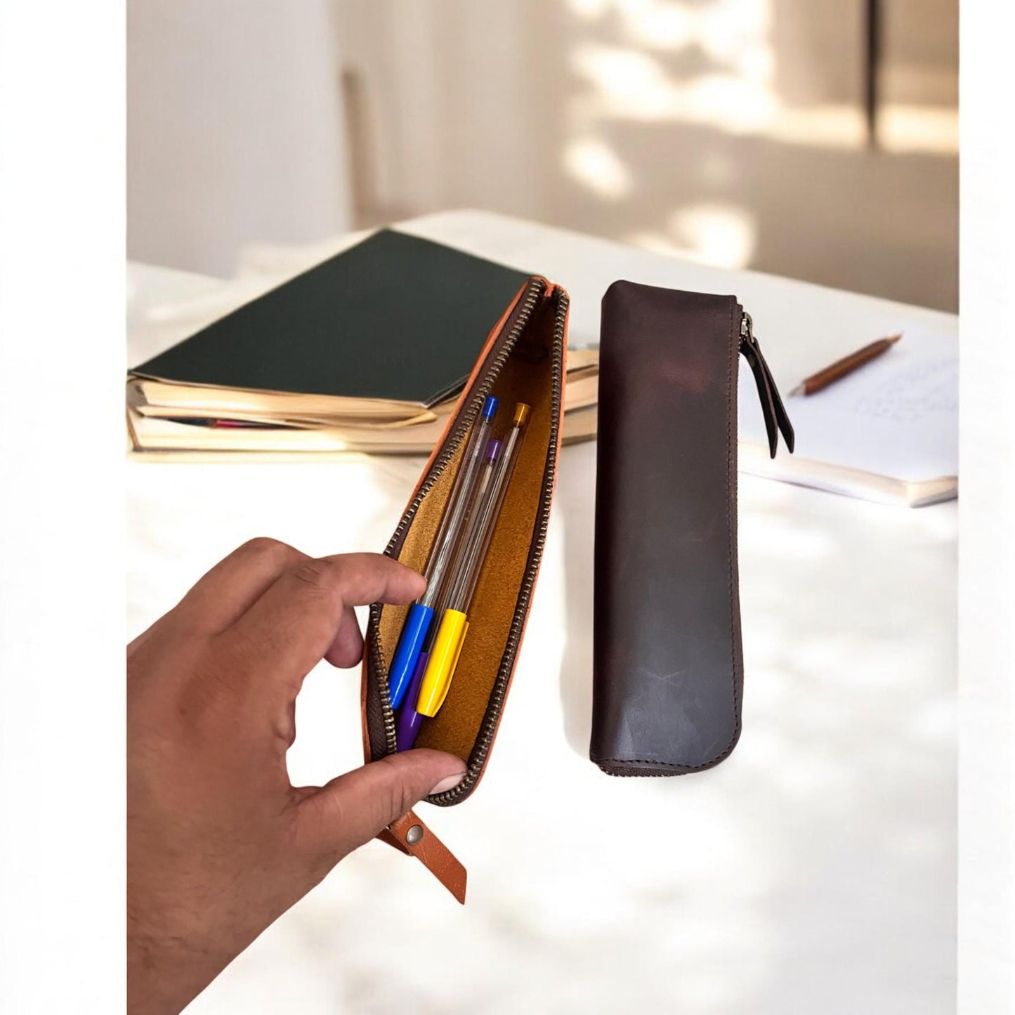 Full Grain Leather Pen Case: Handcrafted YKK Zipper, Elegant Colors
